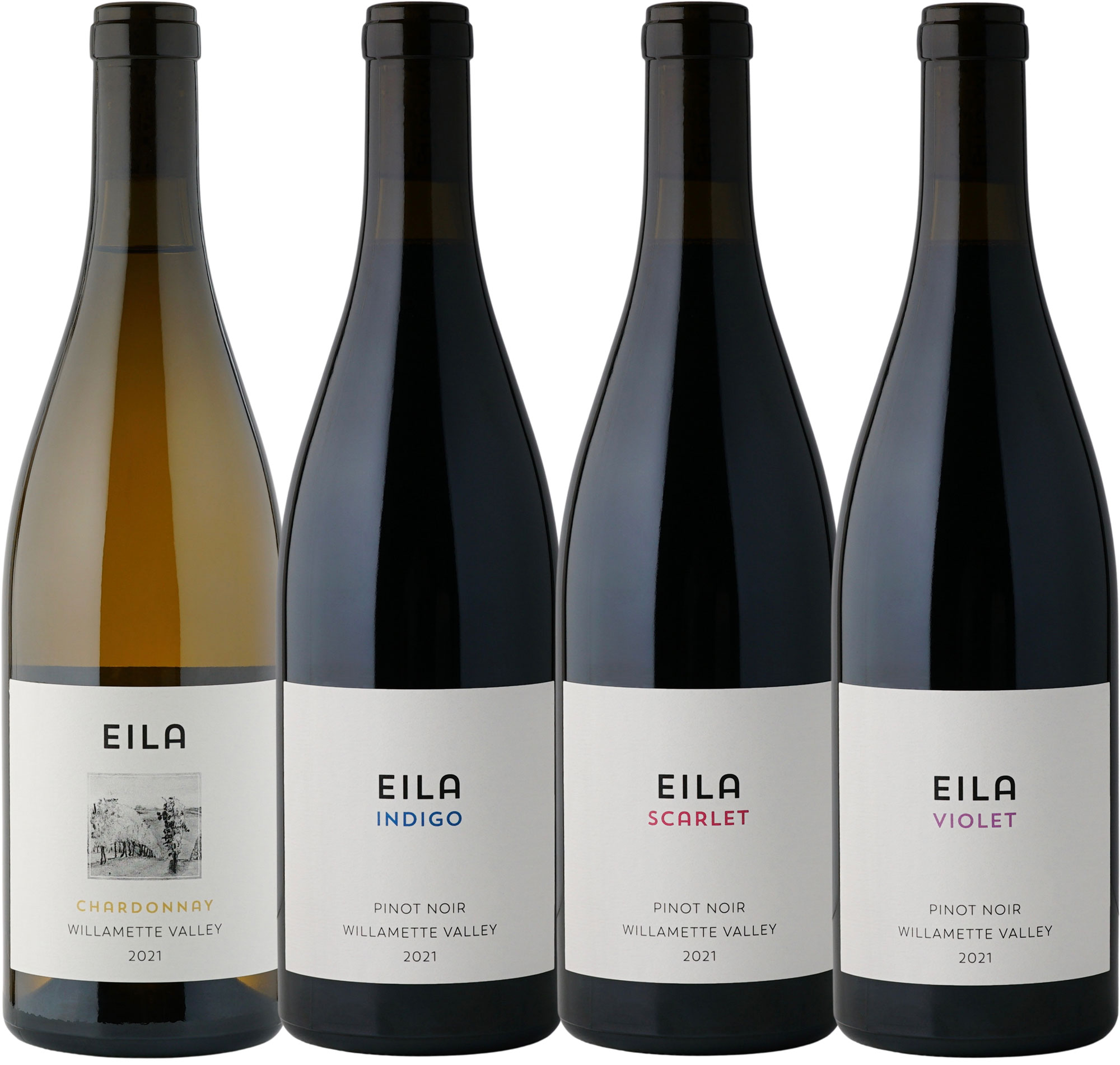 Four bottles of Eila wine; Chardonnay, and Indigo, Scarlet and Violet Pinot Noir