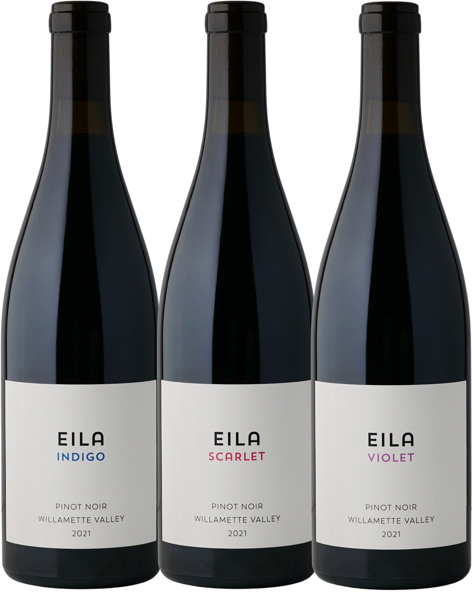 Three bottles of Eila Wines Pinot Noir - Indigo, Scarlet and Violet varieties